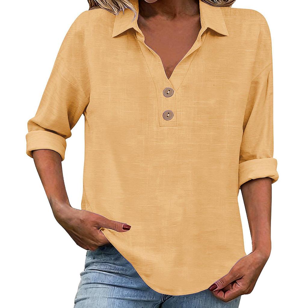 Women's Seven-Sleeve Cotton Linen Lapel Shirt - Solid Color, Casual, Breathable