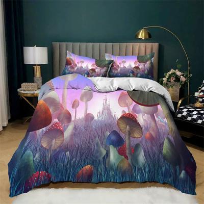 Ensemble Housse de Couette Champignon Ensemble de Literie Dessin Animé Imprimé Plantes Naturelles Housse de Couette Taies d'Oreiller King Pour Enfants Adultes Décor de Chambre