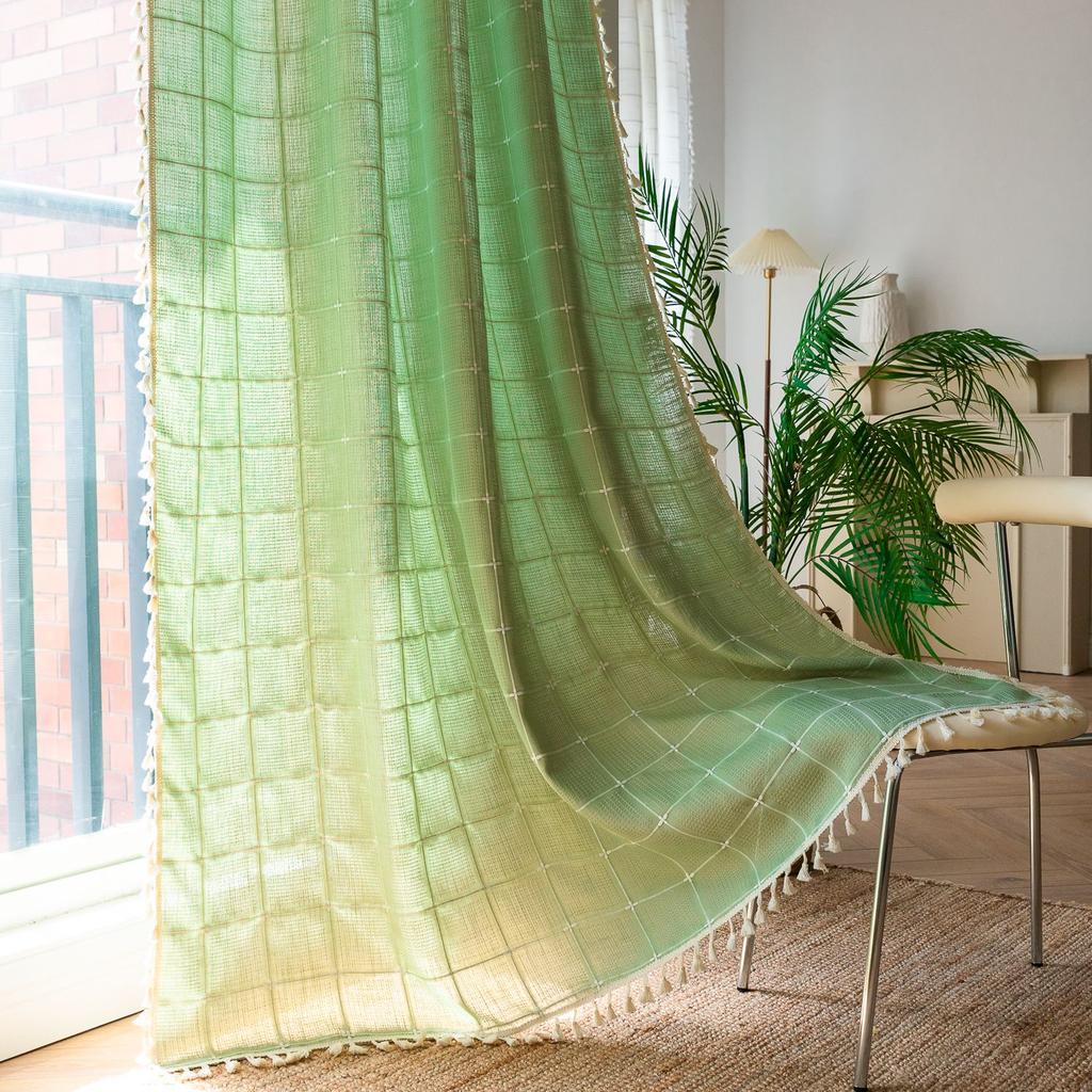 Tenda Plaid Vintage Americana con Nappe Semi Oscurante Cotone Lino Tasca per Asta Soggiorno Balcone Cucina Finestra a Golfo Protezione UV Arredamento Boho Rustico
