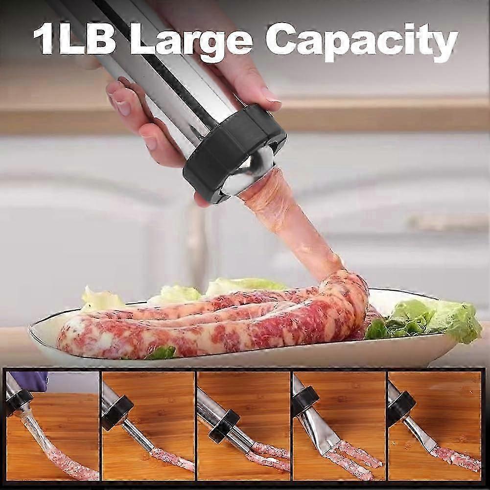 Jerky Gun Kit Stainless Steel 1LB Sausage Stuffer for Ground Meat with 5 Nozzles Dual Function