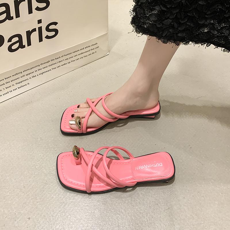 Aphixta Metalen Gesp Dec Dames Teenslippers Zomer Strand Slippers Smalle Band Schuifsandalen Snoepkleur Zoete Slippers Platte Sandalen