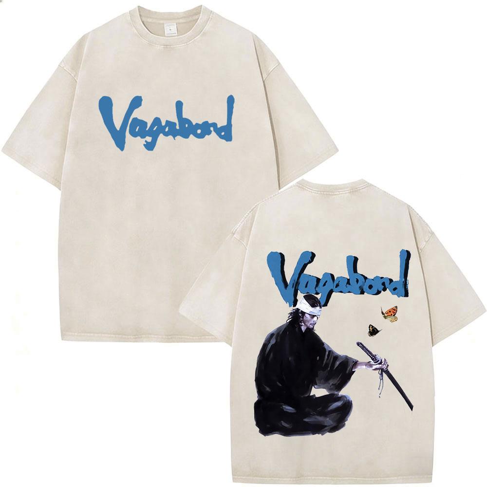 Vintage Washed Anime Vagabond Miyamoto Musashi Cool T-shirts Men Women Clothing Casual Fashion Short Sleeve T Shirts Streetwear