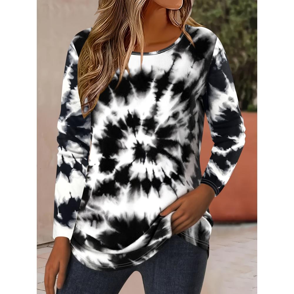 Women Crew Neck Long Sleeve Tunic Top White Gradient Green Clover Print Loose Casual Blouse