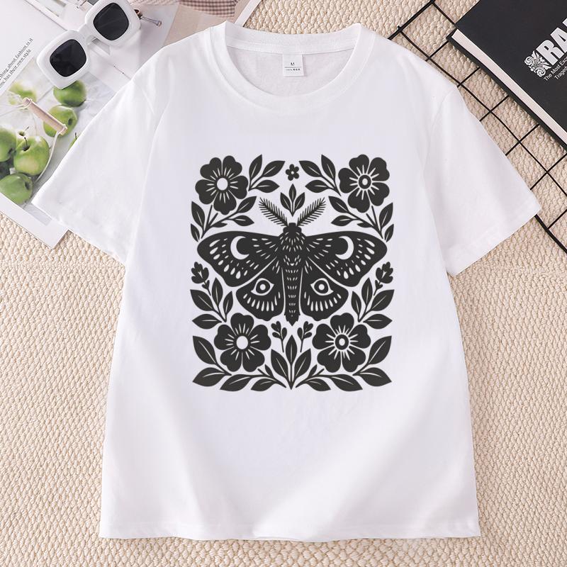 Boho Cottagecore T Shirts Moth Block Print Tshirt Unisex Short Sleeve Tshirt Casual Round Neck Tees Streetwear