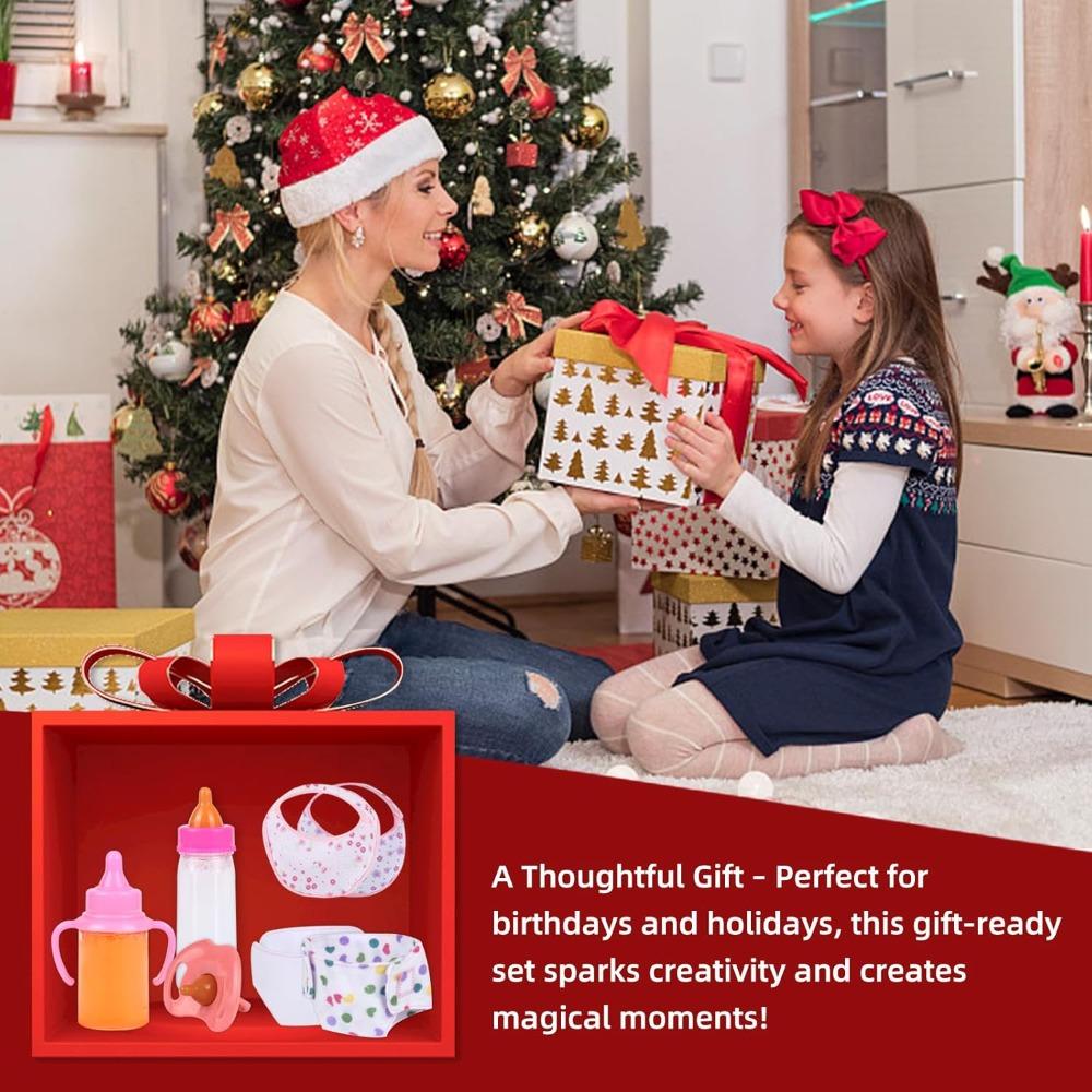 Baby Doll Accessories Set 7PCS Feeding & Caring Set with Magic Bottles Pacifier Diapers Bibs Doll Pretend Play Gift for Kids