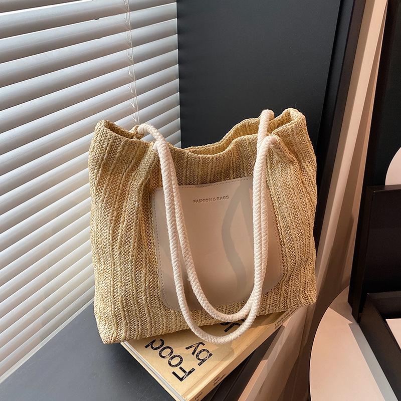 2025 summer new fashion woven shoulder bag large capacity shopping bag beach bag simple retro tote bag