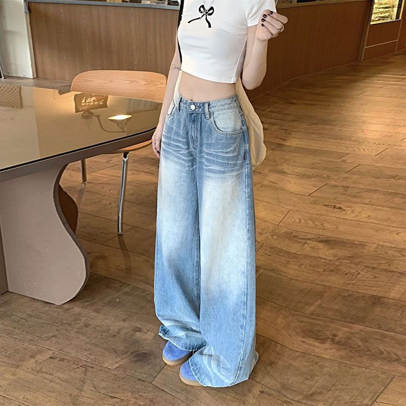 Comfortable Crease Blue Jeans Women's Petite Summer Vintage Washed High-waisted Trailing Wide-leg Trousers Jeans for Women Long Denim Pants
