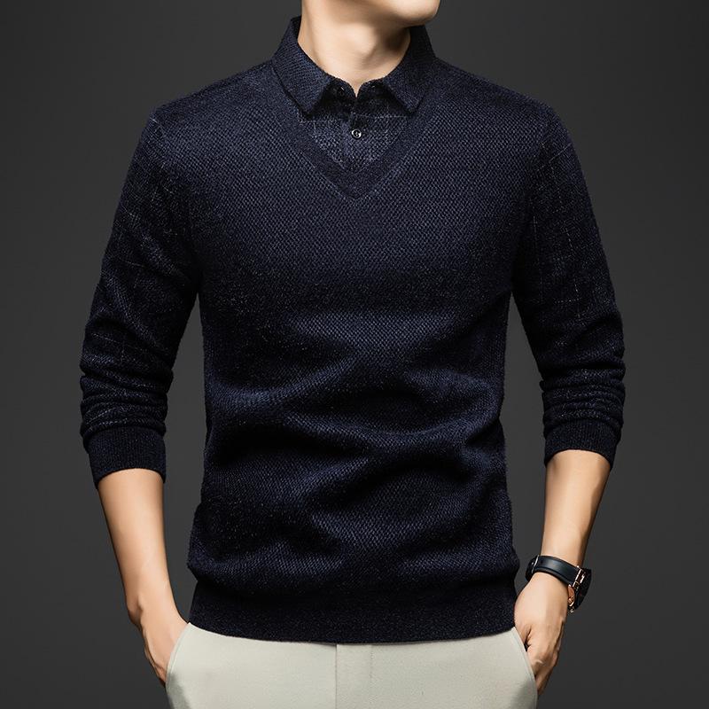 Men's Winter Knitwear Sweater: Thickened, Faux Two-Piece Design, Velvet-Lined, Long Sleeve with Shirt Collar.