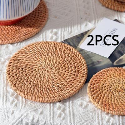 2Pcs Tea Cup Mat Hand Woven 240℃ Heat Resistant Hot Insulation Pads Cup Mat Circular Rattan Table Mat Tabletop Coffee