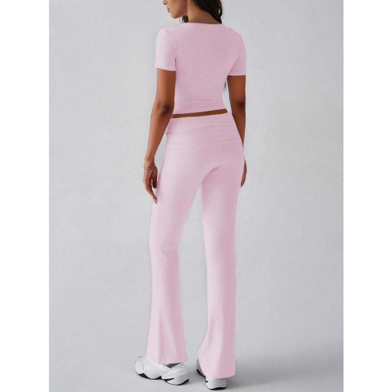 Y2K casual sports style solid color navel-exposed T-shirt long trousers set women's clothing