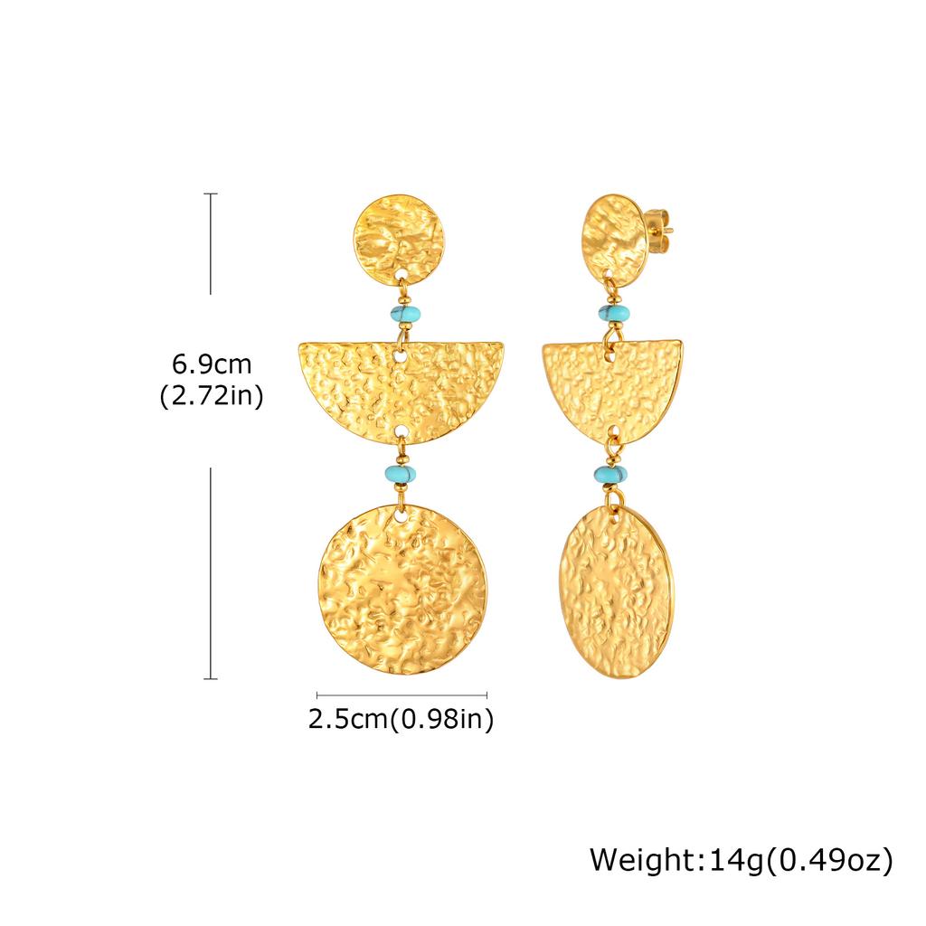 Exquisite Stainless Steel Pleated Texture Geometric Large Dangle Earrings for Women, Gold Plated Delicate Vintage Jewelry
