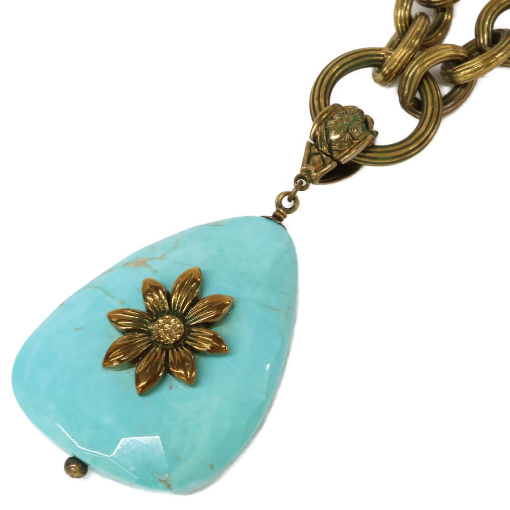 STEPHEN DWECK Flower Turquoise Drop Top Chain Necklace Gold/BlueUsed