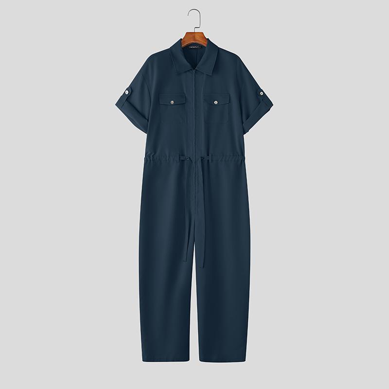 

INCERUN Men Short Sleeve Zip-up Jumpsuits Casual Long Cargo Rompers Overalls 5XL темно-синий