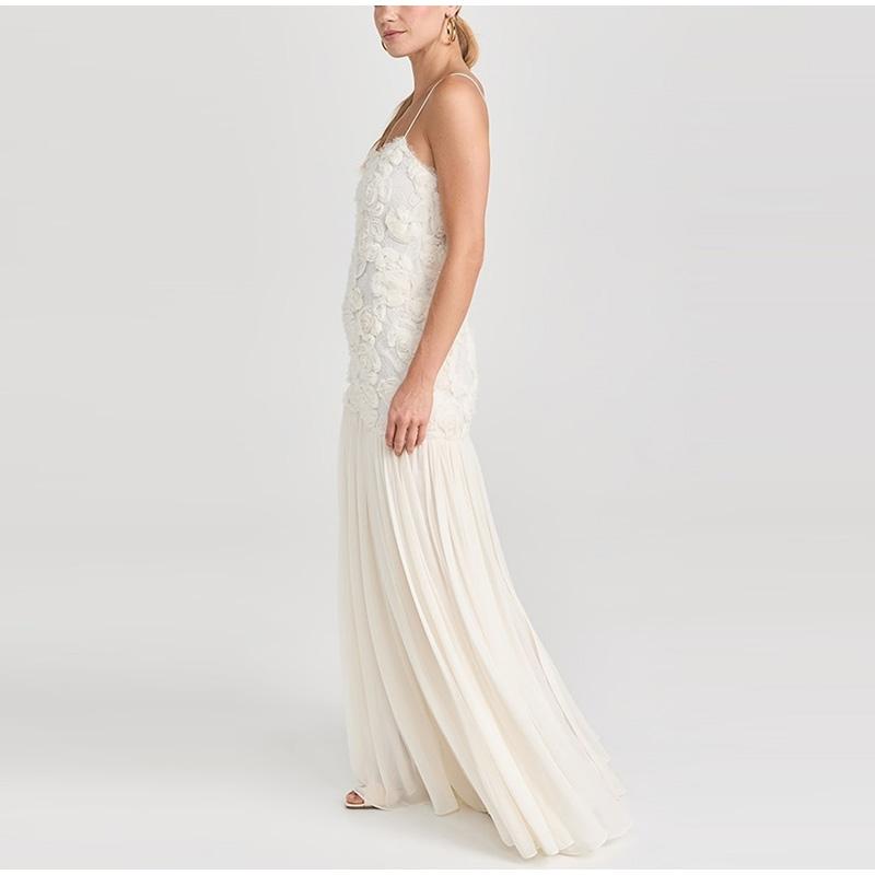 Women's Chiffon Dress Elegant White Backless 3D Flower Strap Dress Pleated A-line Patchwork Design Summer Beach Vacation Robe Evening Vestidos Dress