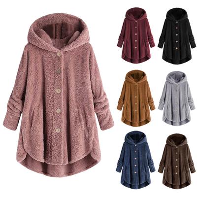 Mulheres plus size botão plush tops com capuz solto cardigan casaco de lã jaqueta de inverno