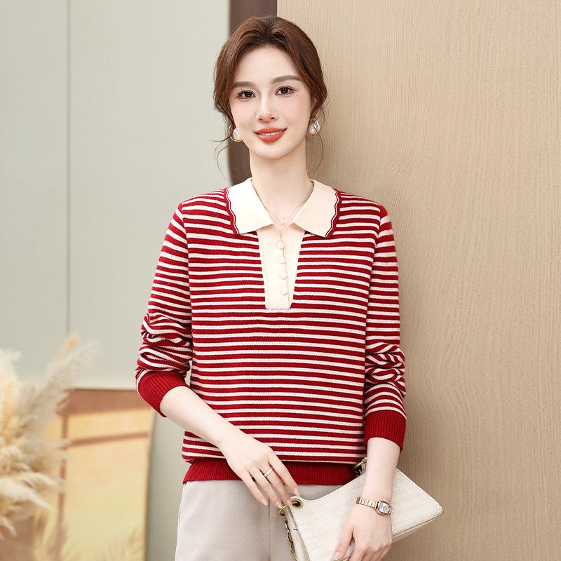 

Женский полосатый свитер плюс-сайз из вельвета с отложным воротником - Теплый базовый слой для женщин среднего и пожилого возраста, Осень/Зима. 4XL (Recommended 145-160 jin) красный