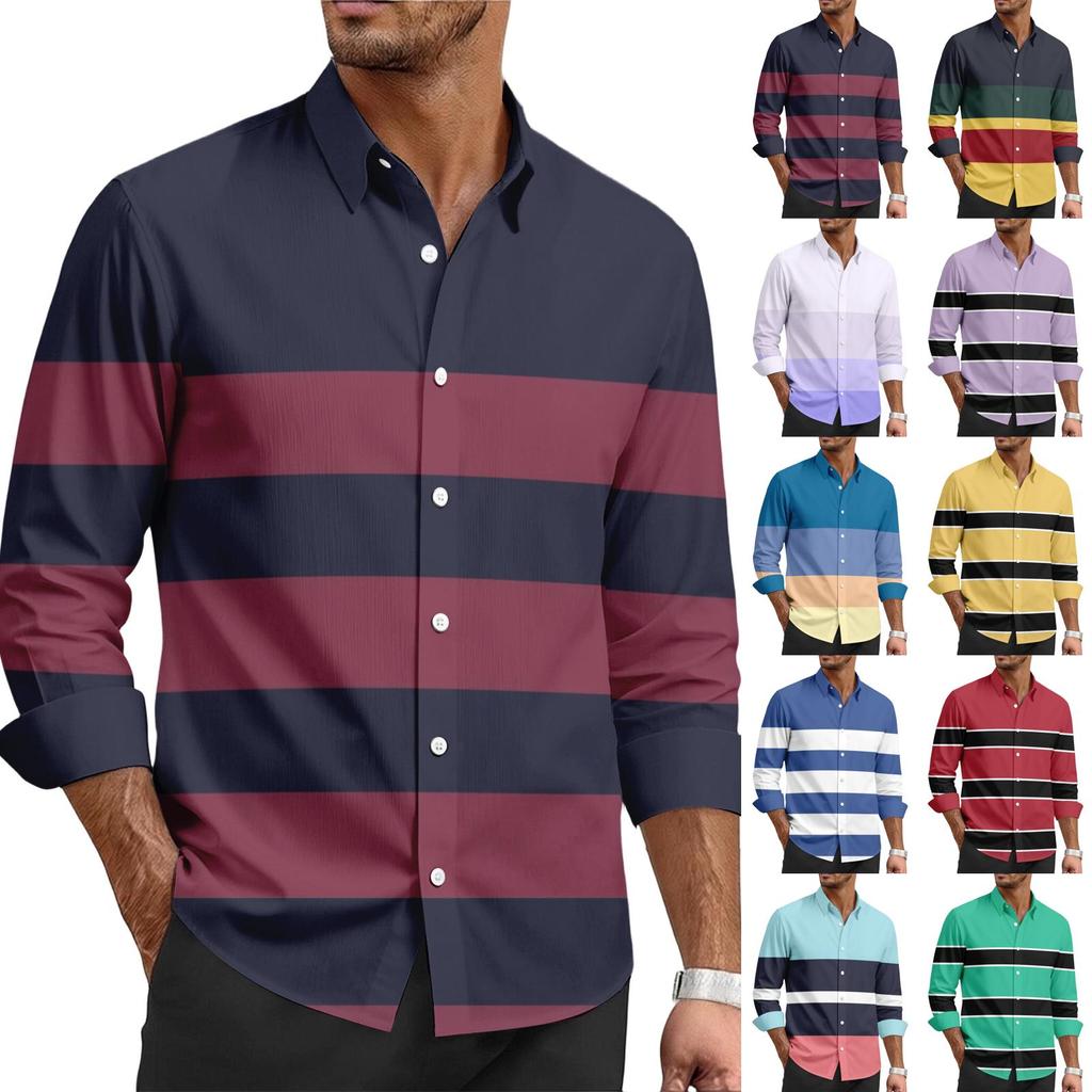 Men's Casual Stylish Striped Printed Shirt - Men's Lapel Buttoned Long-sleeved Shirt