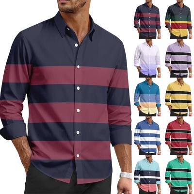 Men's Casual Stylish Striped Printed Shirt - Men's Lapel Buttoned Long-sleeved Shirt