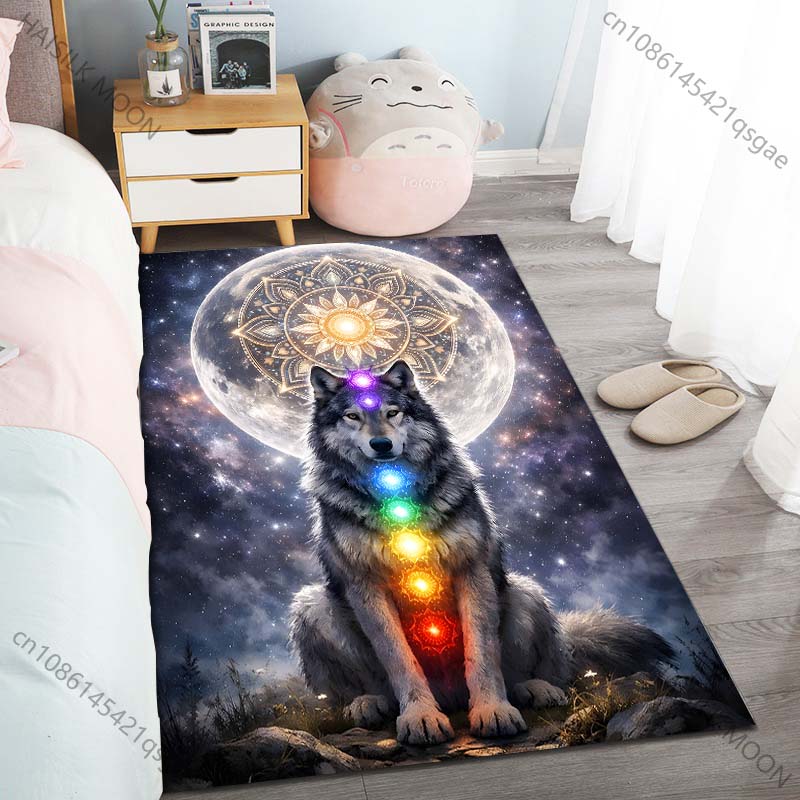 New Product Wolf Colorful Chakras Full Moon Carpet for Living Room Bedroom Bedside Floor Mat Cloakroom Child Play Mat Area Rug