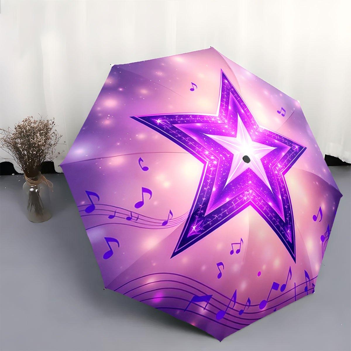 

Open/Close Portable Folding Umbrella with Music Note & Star Design - Compact Travel Umbrella, Gradient Purple Canopy, 2-Rib & (as the picture,iron&8K)
