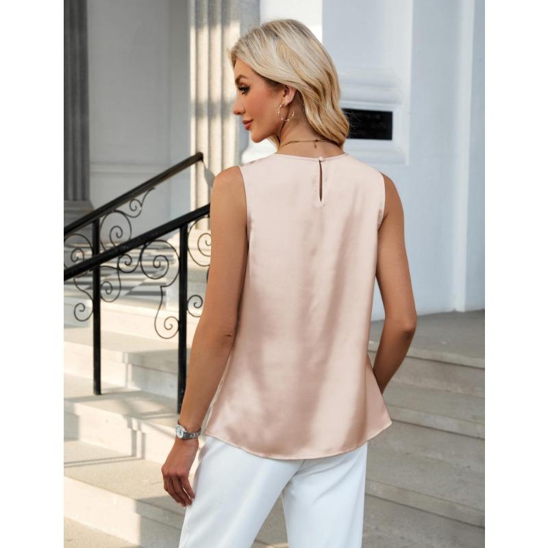 2026 Neue Falten-Rundhals-Bluse Damen Satin Ärmelloses Oberteil Damen Frühling/Sommer Elegant Locker Einfaches Bürohemd Süß Einfarbig Damenbekleidung