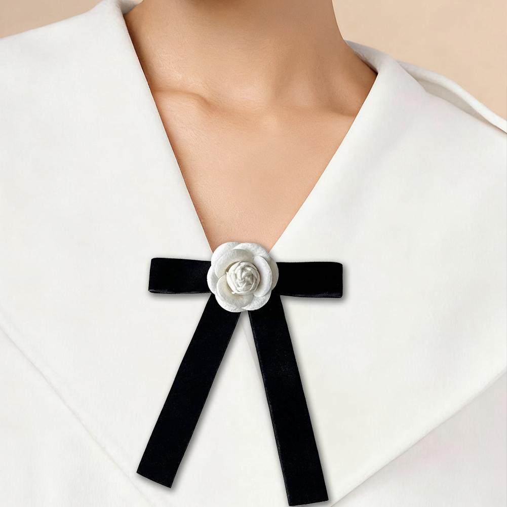 Camellia Flower Brooches Pin Pre-Tied Bowknot Pin Collar Neck Clips Wedding Party Bow Tie Neck Tie Lapel Pins for Women Girls