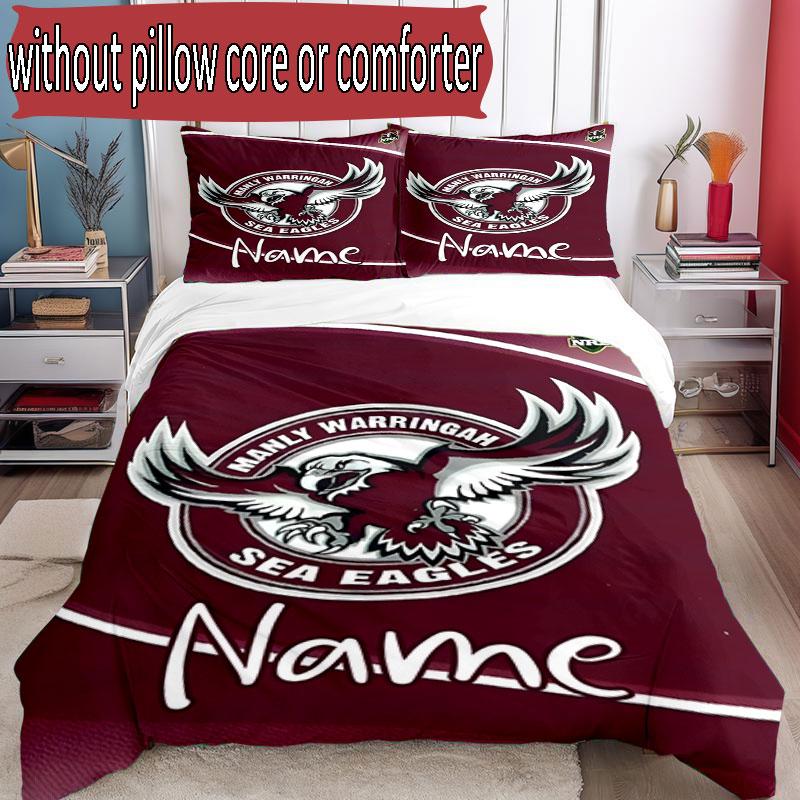 3pcs Duvet Cover Set (1*Duvet Cover + 2*Pillowcase, Without Core), Custom Name Manly Warringah Sea Eagles Pattern Bedding Set, Home Bedroom Decor Gift