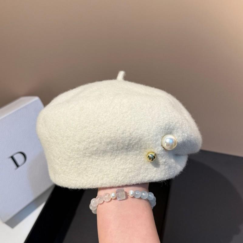 High Quality Light Luxury Irregular Wool Beret Winter Warm Slim Face Pearl Painter Hat