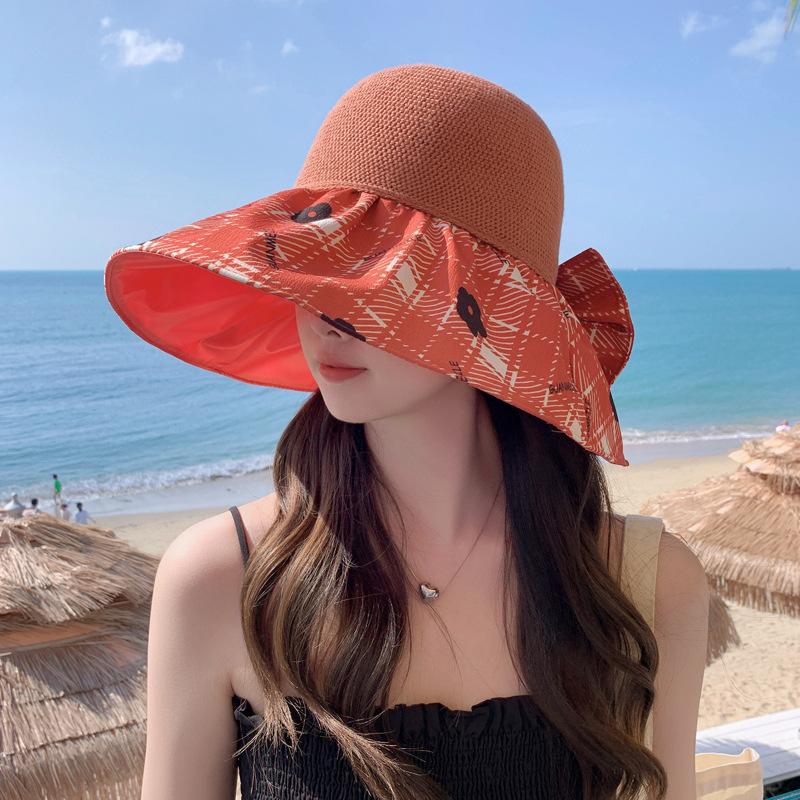 Color Glue Hat Women's Summer Versatile Bow Big Edge Bucket Hat Sun Protection Sun Hat Folding Sun Hat New