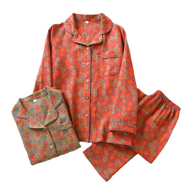 Floral Jacquard Cotton Cardigan & Loungewear Set for Middle-Aged Women