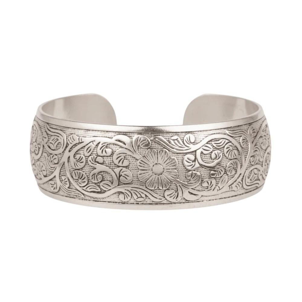 Lotus Silver Opening Bangle Vintage Thai Wrist Jewelry Carved Wide Bracelet Party