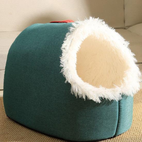 Warm Cat Cave Bed Cozy Pet Calming Nest Plush Hooded Cat Bed Fluffy Winter