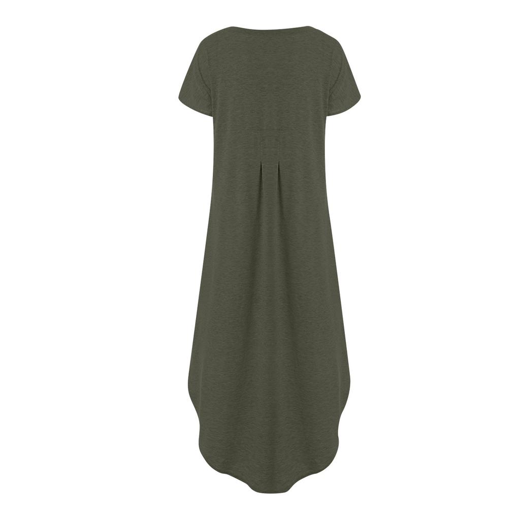Women's V Neck Casual Summer Beach Long Dress Short Sleeve Split Loose Maxi Dress With Pocket