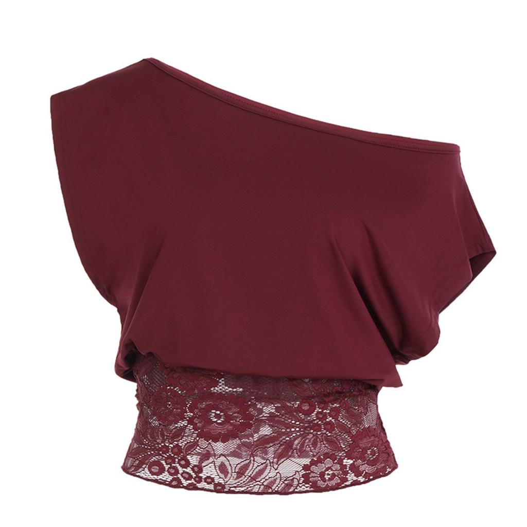Women's Off Shoulder Lace Patchwork Short Sleeve Blouses Slim Fit Elegant Tee