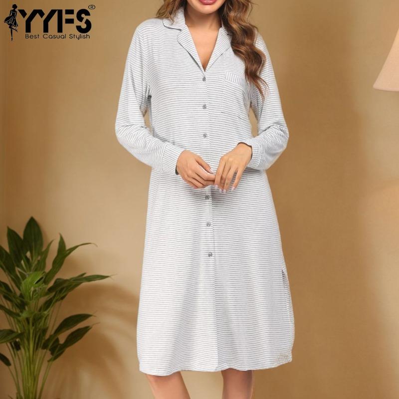 YYFS Women's Fashion Spring Fall Stripe Print Long Sleeve POLO Neck Loose Waistline Casual Dresses