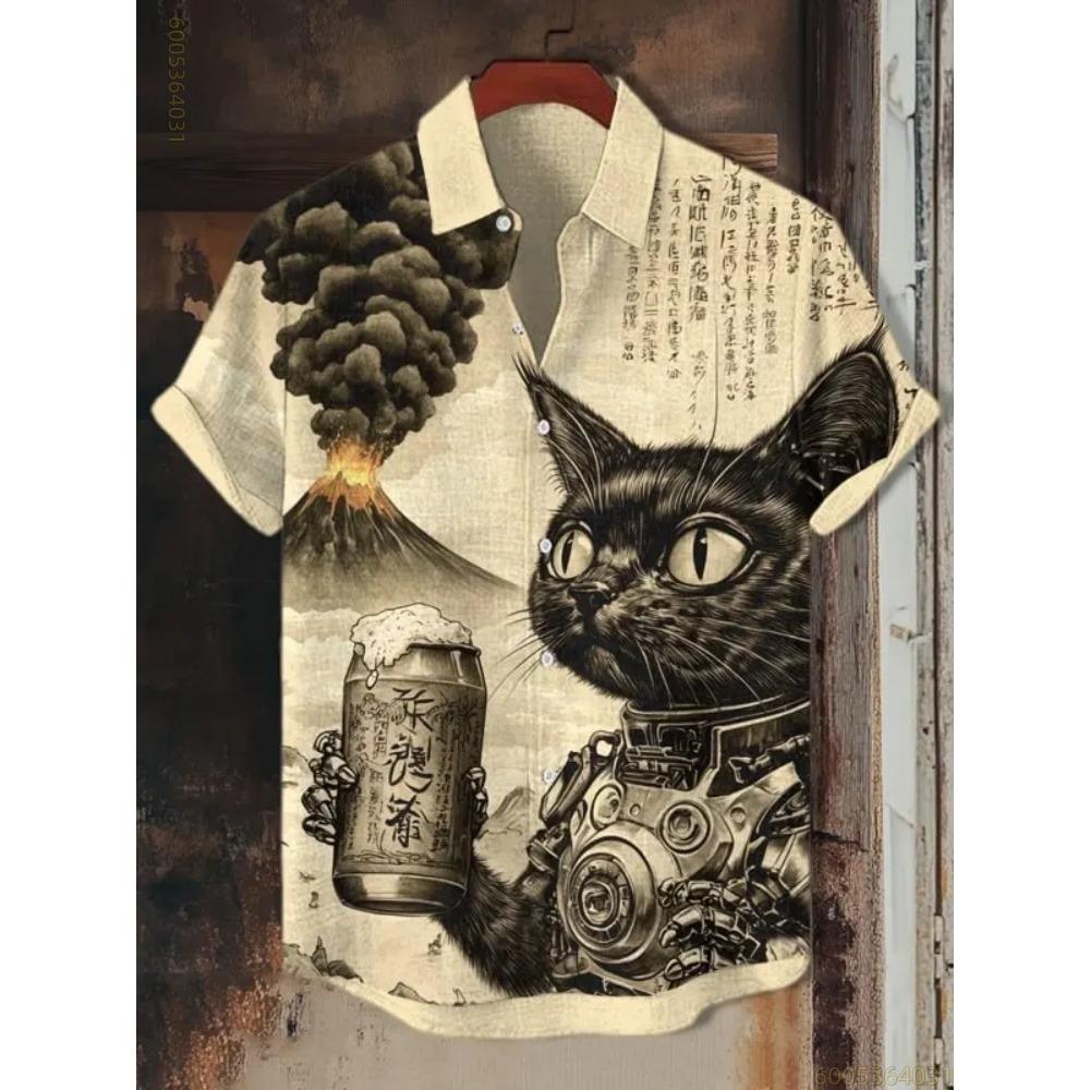 Herren Kurzarmhemd mit Schwarz-Katzen- und Blau-Drachen-Print, Geeignet für Strandurlaube, Partys und Bequemes Tragen.