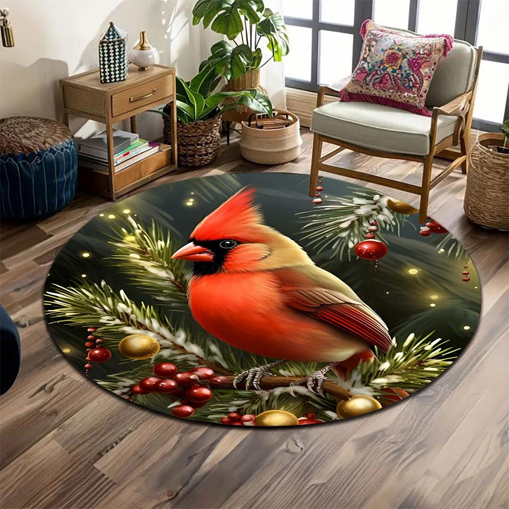 "Festive Cardinal with Pine and Ornaments" Print round rug, living room, bedroom, playroom carpet, non slip floor mat, gift
