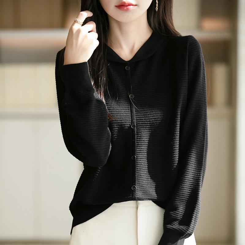 

Doll collar pullover long-sleeved knitted sweater loose casual age-reducing women s fashion fake cardigan lapel collar multi-button top XXL чёрный