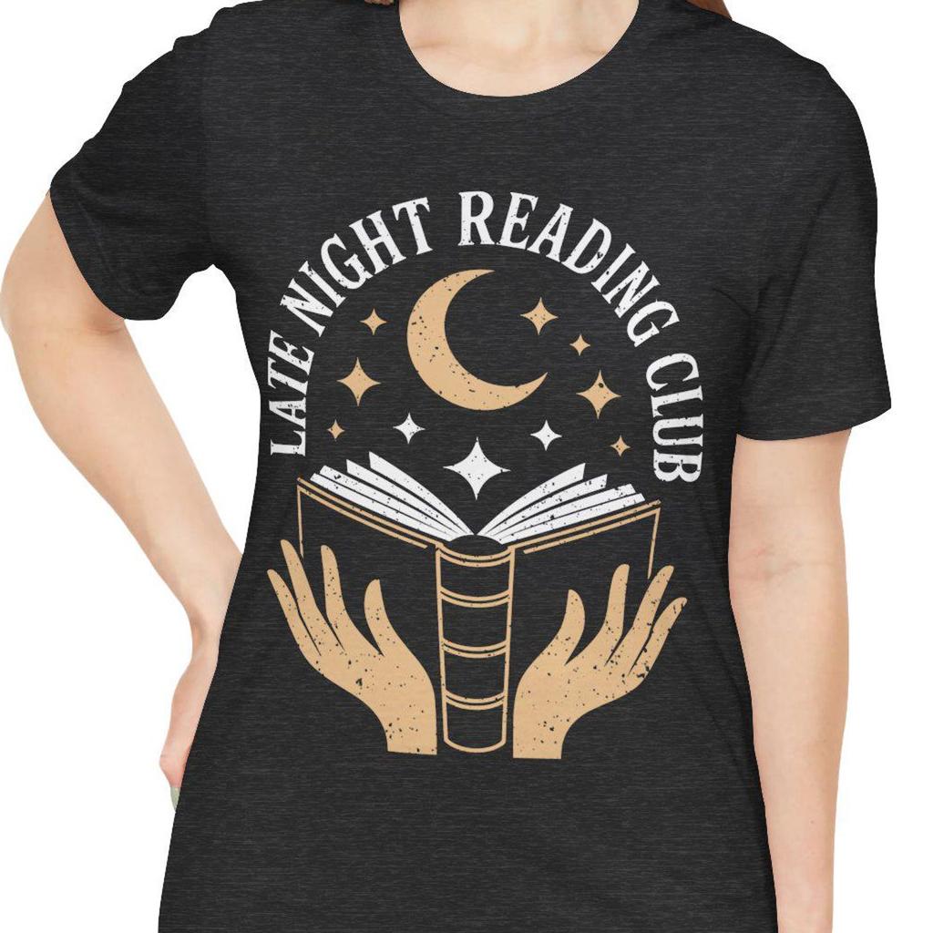 Late Night Reading Club Shirt, Book Lover Cozy Core Tee, Celestial Moon Reading Gift, Dark Academia Bookworm Apparel, Vintage Aesthetic
