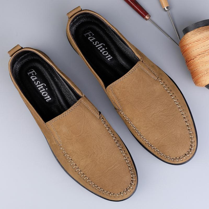 

Fashion High Quality Hand Sewn Thread Genuine Leather Shoes Men Loafers Business Casual Shoes Classic Soft Leather Breathable Flat Shoes 45 хаки