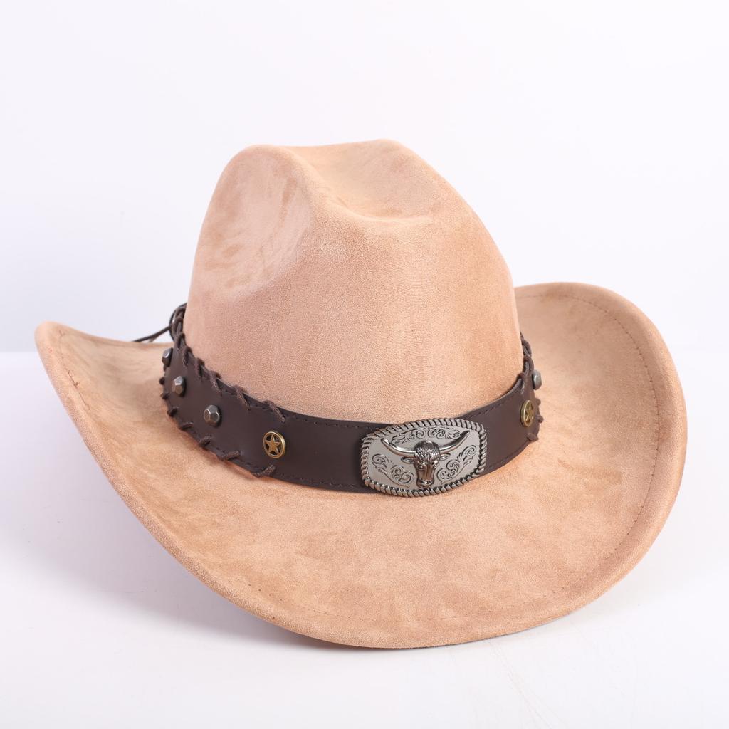 New western cowboy hat men's and women's wide-brimmed top hat bull head rivet belt buckle sun hat