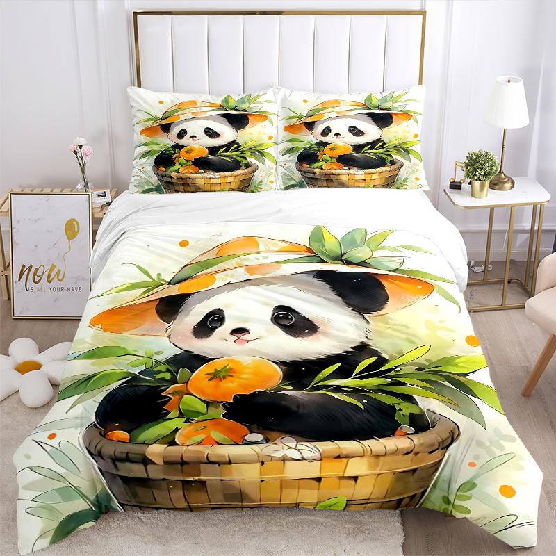 3pcs Adorable Panda & Persimmon Printed Quilt Set - Includes 1 Quilt Cover and 2 Pillowcases, Machine Washable - Suitable for All Seasons.M003