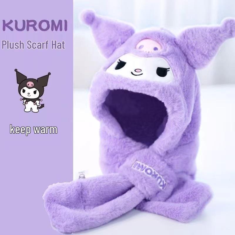 Kuromi Melody Plush Hat & Scarf Set for Kids - Cute, Warm, Cartoon Winter Accessory