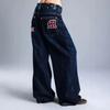 Pantaloni in Denim Streetwear Y2K da Donna con Pesante Ricamo Dettaglio Borchie Lavati Gamba Larga Taglio Dritto