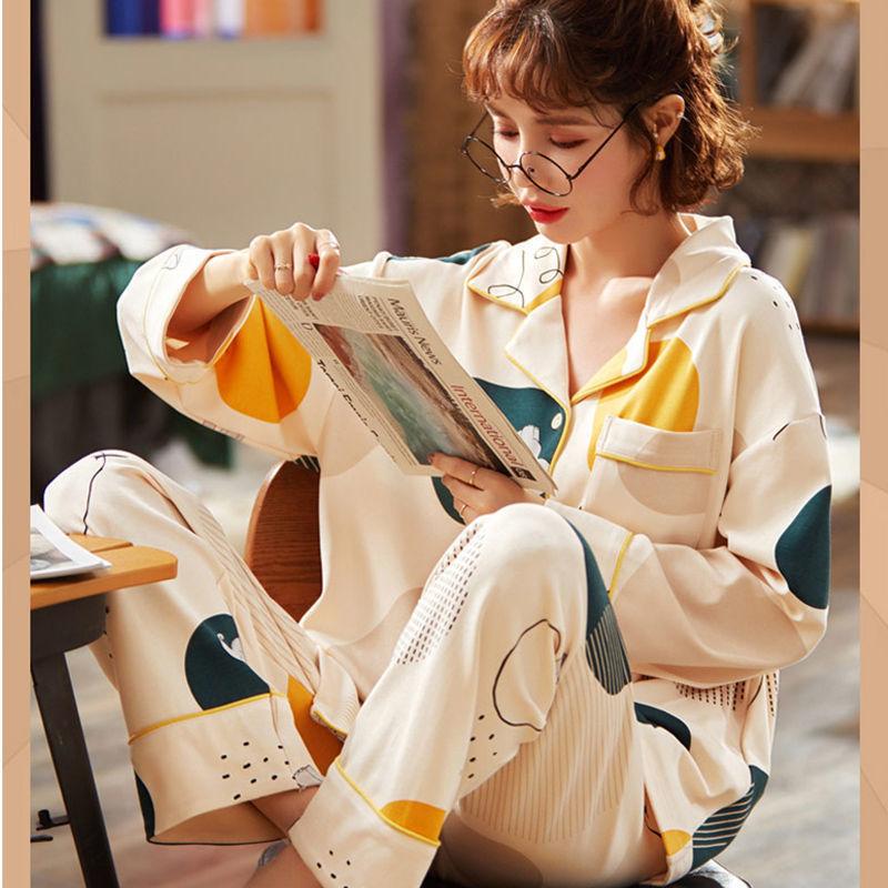 Spring And Autumn Pajamas Women'S Cardigan Long-Sleeved Trousers Korean Girls' Simple Cartoon Loungewear Suit Can Be Worn Outside