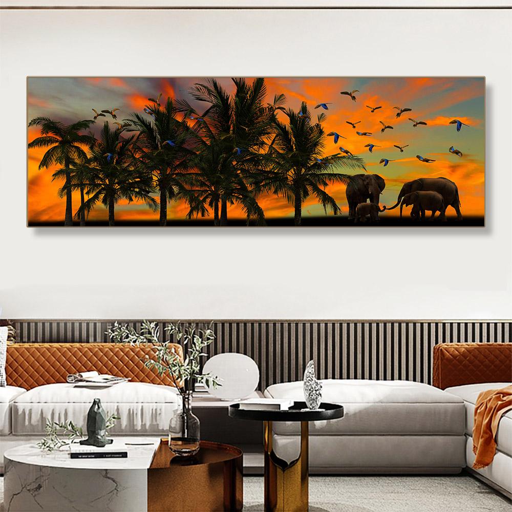 Silhouettes of Wild Animal Elephants Canvas Painting Landscape Sunrise Posters And Prints Wall Art Pictures Home Decor No Frame