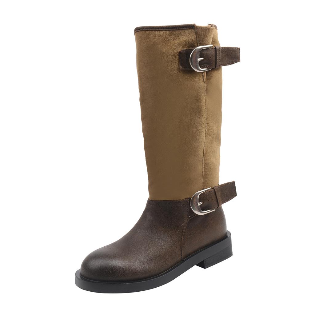 Pile Boots Women's Autumn and Winter New Knight Boots Belt Buckle Middle Tube Two Wear Martin Boots Thick Sole But Knee Boots