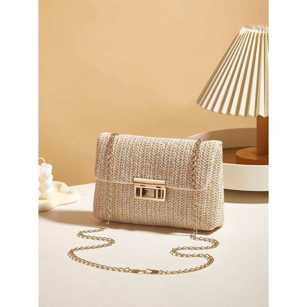 Sweet Style, Straw Weaving, Chains, Single-shoulder Bags, Crossbody Bags, Summer, Double-lock, Ladies, Handbag Bags