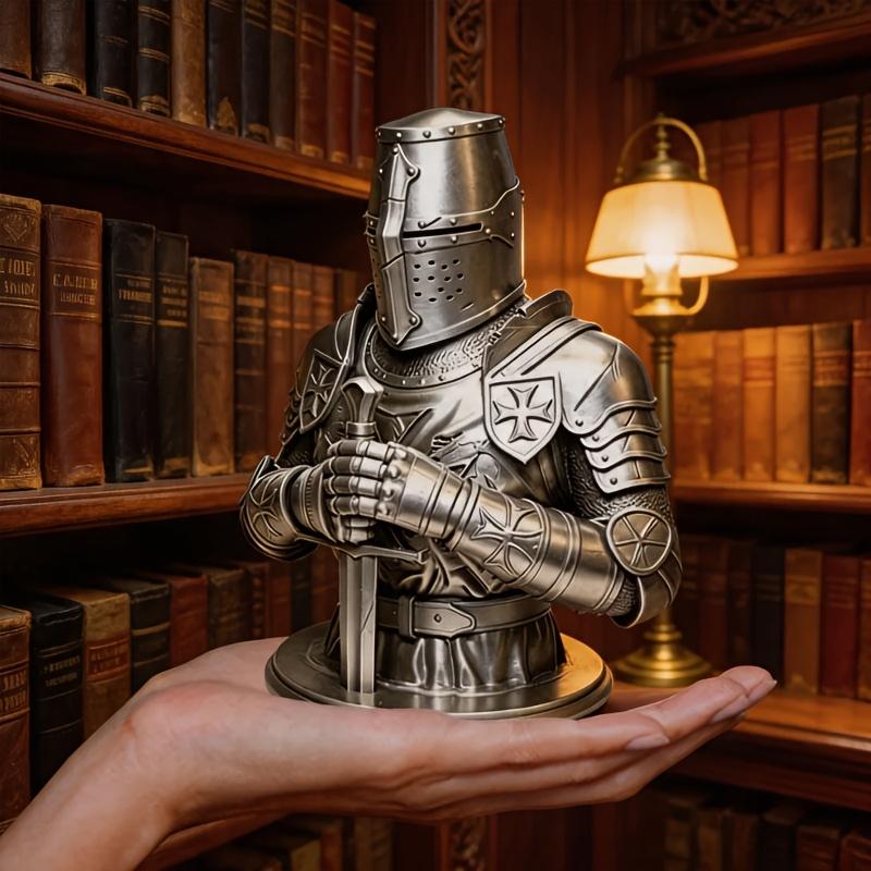 An Integrated Knight-style Bust 3D Printed Statue, a Realistic Bust of a Templar Knight, a Model of a Religious Fanatic