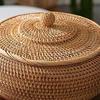 Round Rattan Boxes with Lid Hand-Woven Multi-Purpose Wicker Tray 11 Inch Picnic Food Bread Table Storage Basket (28x13cm)